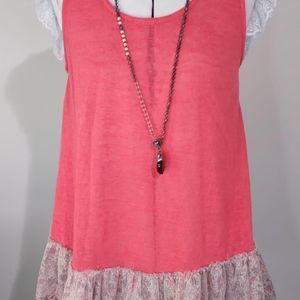 Medium Easel Sleeveless Tunic Blouse Pink Flower floral lace Ruffle Bottom C3272